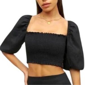 Reformation Black Puff Sleeve Smocked Blouse